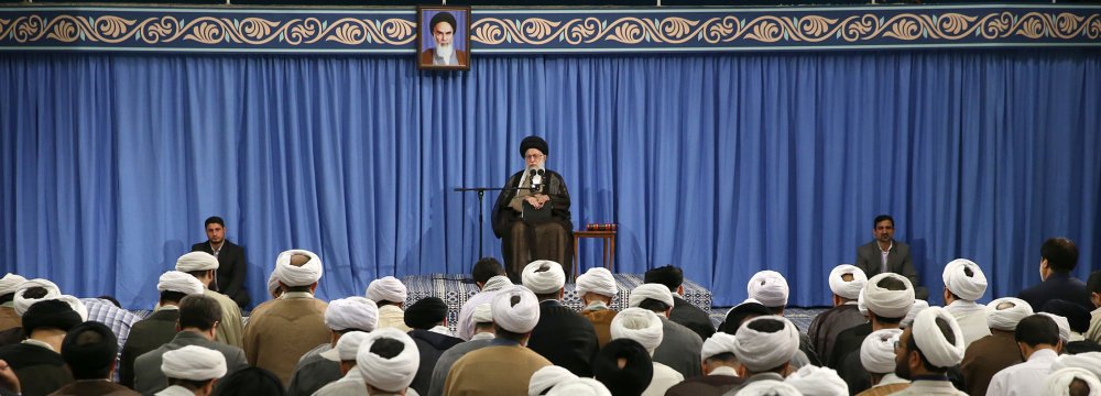 Ayatollah Seyyed Ali Khamenei addresses theological students in Tehran on Sept. 12. 
