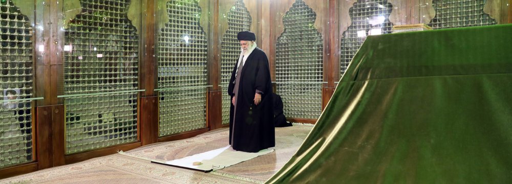 The Leader prays at the shrine of the late Imam Khomeini in southern Tehran on Feb. 1. 