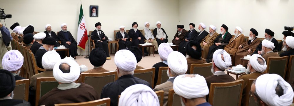 Ayatollah Seyyed Ali Khamenei addresses members of the Assembly of Experts in Tehran on March 9.