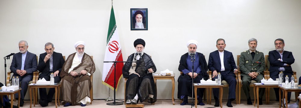 Leader of Islamic Revolution Ayatollah Seyyed Ali Khamenei meets with President Hassan Rouhani and his Cabinet in Tehran on Wednesday.  