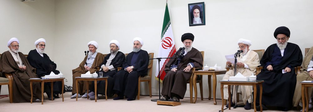 Ayatollah Seyyed Ali Khamenei meets the chairman and other members of the Assembly of Experts in Tehran on March 15. 