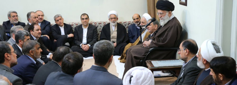  Ayatollah Seyyed Ali Khamenei addresses government officials in Tehran on April 10.