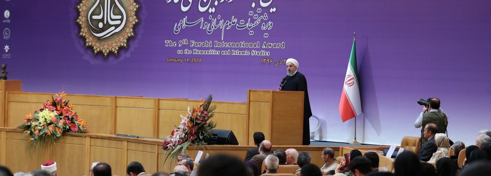 President Hassan Rouhani speaks at the closing ceremony of the 9th Farabi International Festival in Tehran on Jan. 14.
