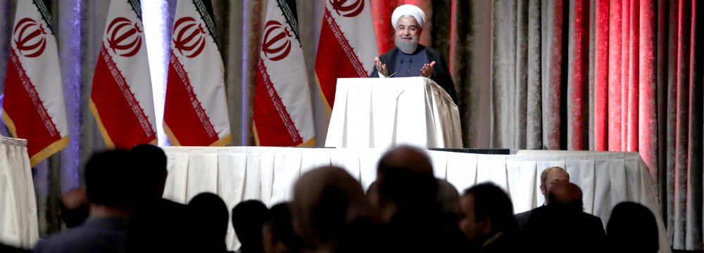 President Hassan Rouhani addresses US-based Iranian expatriates in New York on Sept. 17.