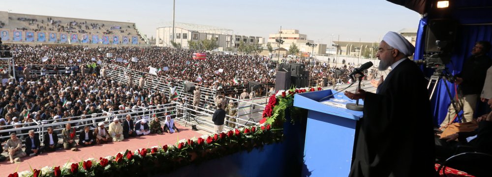 President Hassan Rouhani addresses a public gathering in Zabol on Dec. 2. 