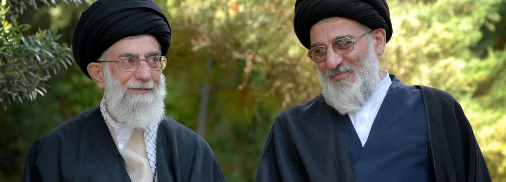 Ayatollah Seyyed Mahmoud Hashemi Shahroudi (R) is seen alongside the Leader of Islamic Revolution Ayatollah Seyyed Ali Khamenei. 