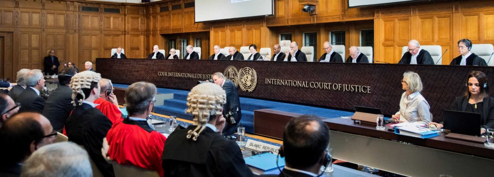 Members of the International Court of Justice attend a hearing on Iran at the International Court.          