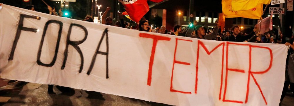 Demonstrators protest against Temer in Sao Paulo, Brazil, on May 17.