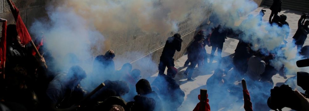 Greek Police  Fire Teargas  at Protesters