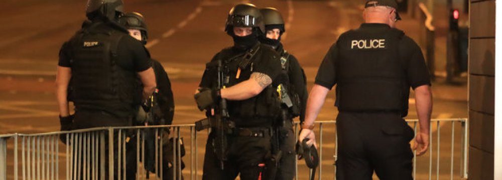 Security forces after the attack in Manchester, the UK, on May 22