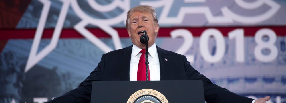 Donald Trump speaks during the 2018 Conservative Political Action Conference  at National Harbor in Oxon Hill, Maryland, on February 23.