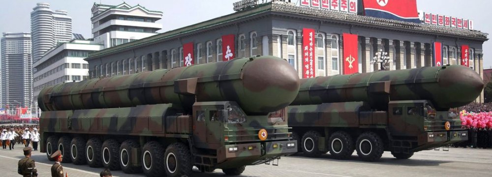 Ballistic missiles are displayed at the Kim Il-sung Square in Pyongyang, N. Korea, on April 15. (File Photo)