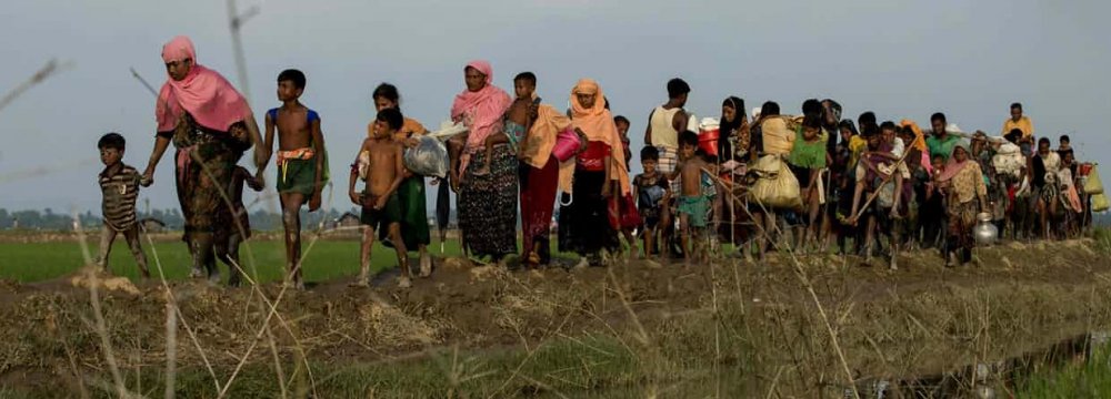 Displaced Rohingya refugees from Rakhine state carry their belongings near  the border between Bangladesh and Myanmar.