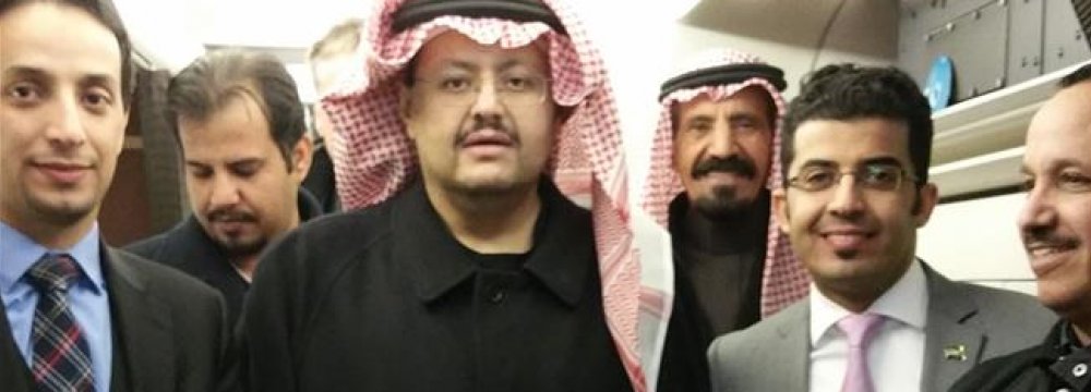 Prince Sultan bin Turki (C) is seen inside an aircraft before he was abducted by Saudi Arabian agents, on February 1, 2016.