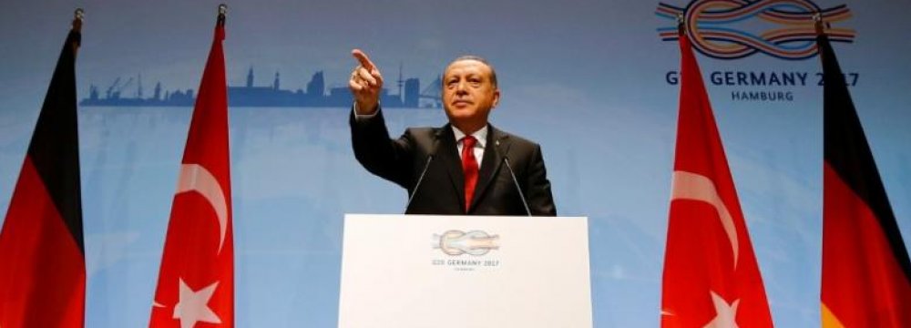Turkish President Recep Tayyip Erdogan speaks during a news conference to present the outcome of the G20 leaders’ summit in Hamburg, Germany on July 8.