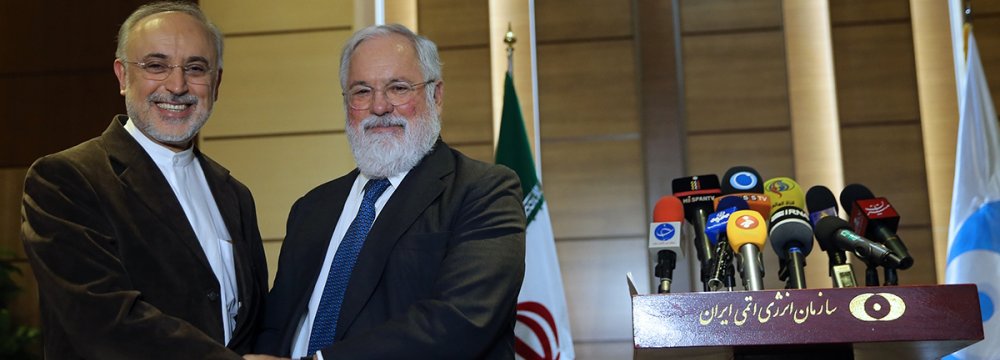  Meeting with Iran’s atomic chief Ali Akbar Salehi (L), EU Commissioner Miguel Arias-Canete echoed the block’s mantra that it is “fully committed” to the 2015 deal and expects the same from all other parties.