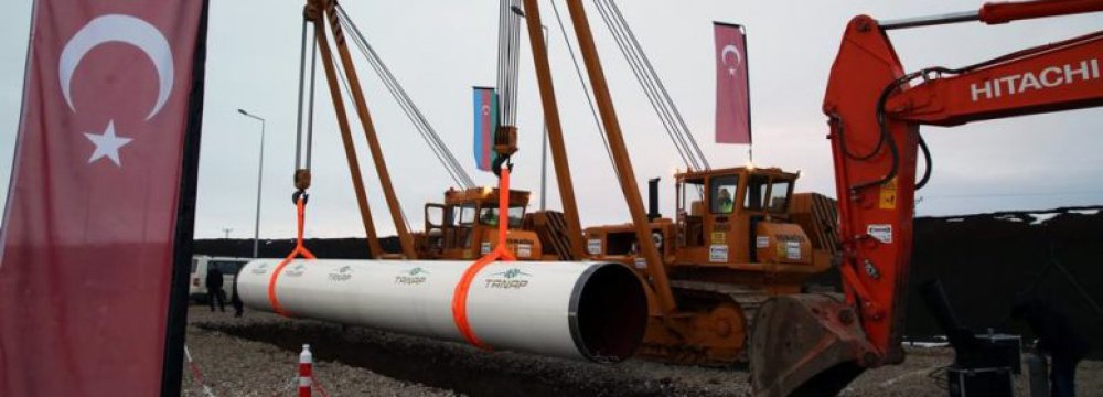 The 1,850-kilometer TANAP pipeline connects to the South Caucasus Pipeline.