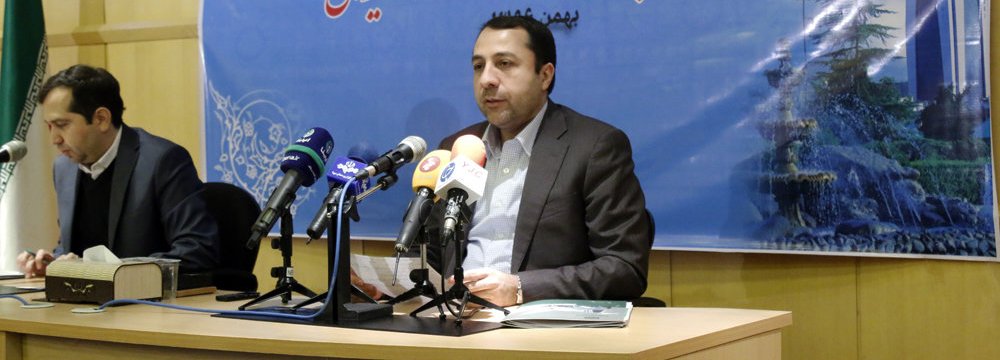 EDBI CEO Ali Salehabadi addresses a press conference in Tehran on Feb. 4.