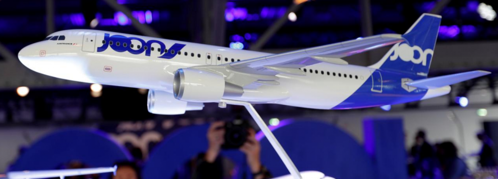 The logo of the new Joon lower-cost airline is pictured on a plane scale model during a news conference in Paris, France, on Sept. 25, 2017. (File Photo)