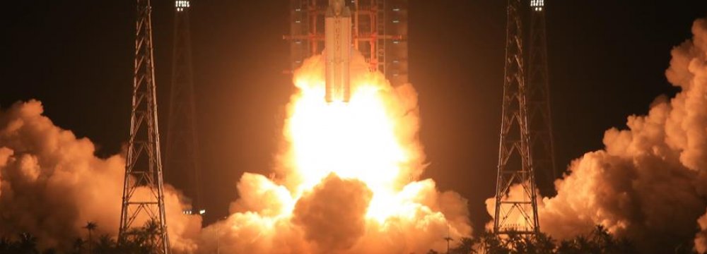 Long March-7 rocket carrying Tianzhou-1 cargo spacecraft lifts off from the launching pad in Wenchang, Hainan Province.