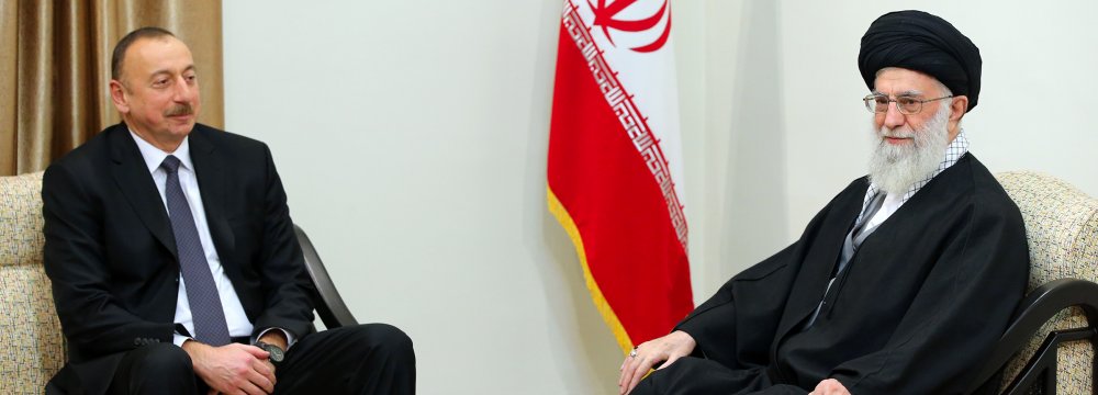 Leader of Islamic Revolution Ayatollah Seyyed Ali Khamenei receives Azeri President Ilham Aliyev in Tehran on March 5. 
