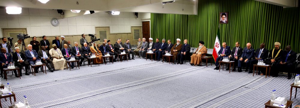 Ayatollah Seyyed Ali Khamenei speaks in a meeting with participants in the PUIC summit in Tehran on Jan. 16.