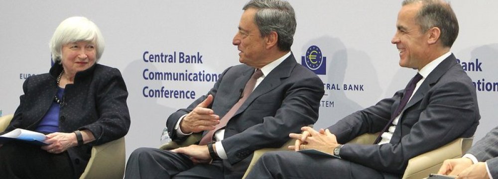 (From L) Janet Yellen, Mario Draghi and  Mark Carney at the event in Frankfurt, Nov. 14.