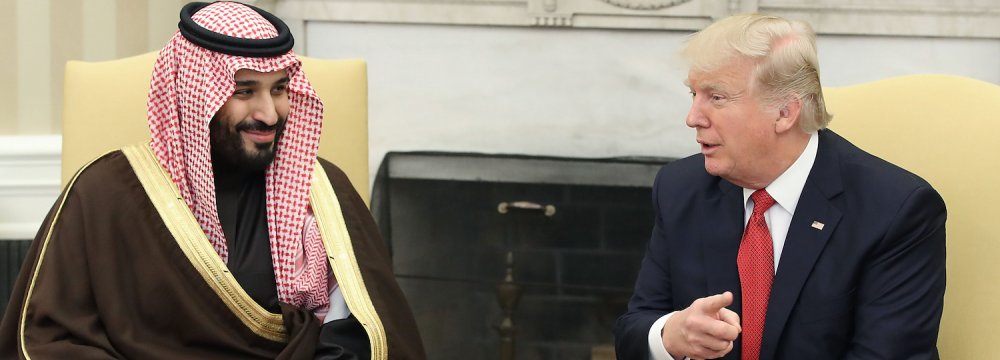 US President Donald Trump (R) and MBS in Washington on March 14.
