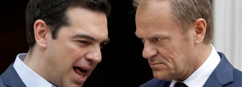 Greek PM Alexis Tsipras (L) and European Council President Donald Tusk in Athens.