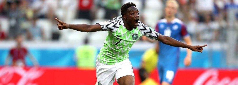 Ahmed Musa of Nigeria celebrates after scoring against Iceland.