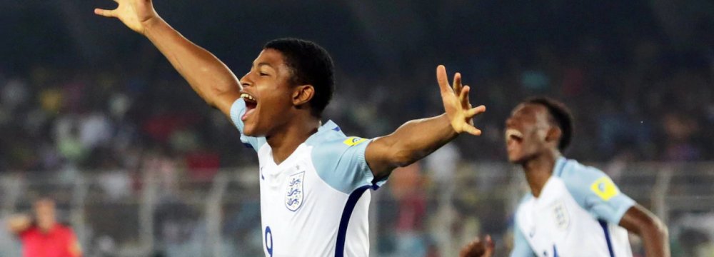 Rhian Brewster (No. 9) scored his second straight hat-trick in England’s 3-1 victory over Brazil.