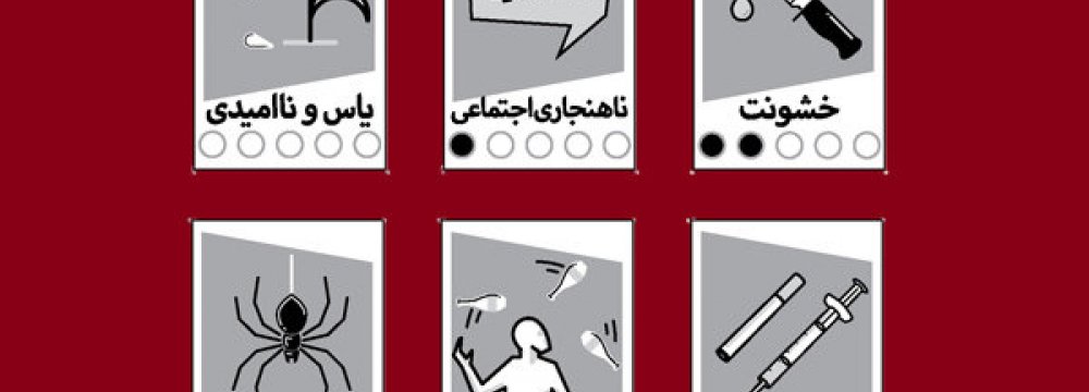 A sample of the new pictograms, clockwise from top left: ‘despair’, ‘social ills’, ‘violence’, ‘fear’, ‘game skill’ and ‘drugs’.