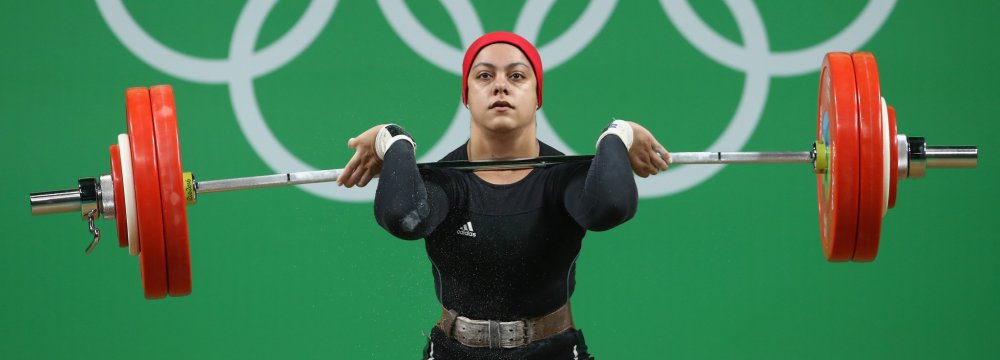 Inspirational figure, Egyptian weightlifter, Sara Ahmed at the 2016 Rio Olympics.