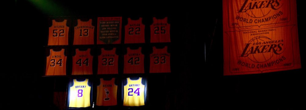 Kobe Bryant’s jersey hangs among others such as Shaquille O’Neal