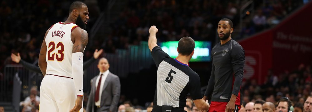 The referee assessed James with a technical foul  and ejected him from the game.