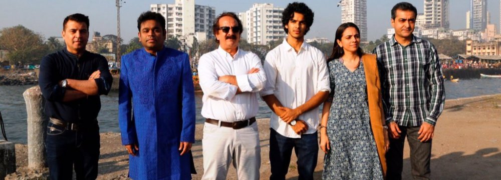 From left: Producer Kishor Arora, composer A. R. Rahman, director Majid Majidi, actor Ishaan Khatter, producer Shareen Mantri Kedia and business head of Zee Studios Akash Chawla