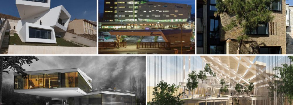 From top left clockwise: ‘Three Views’ in Tehran by the New Wave Architecture, Pars Hospital in Rasht by New Wave Architecture,  Villa Residential Apartment in Tehran by Arsh 4D Studio, 3D design of Chabahar Free Zone Organization Headquarters in Chabahar  by Karand Architecture Group, and 3D design of Villa Oushan in Tehran by Behzad Atabaki Studio