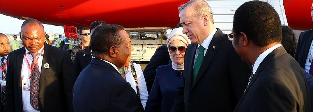 Turkish President Recep Tayyip Erdogan(2nd R) arrived  in Tanzania on Jan. 22.