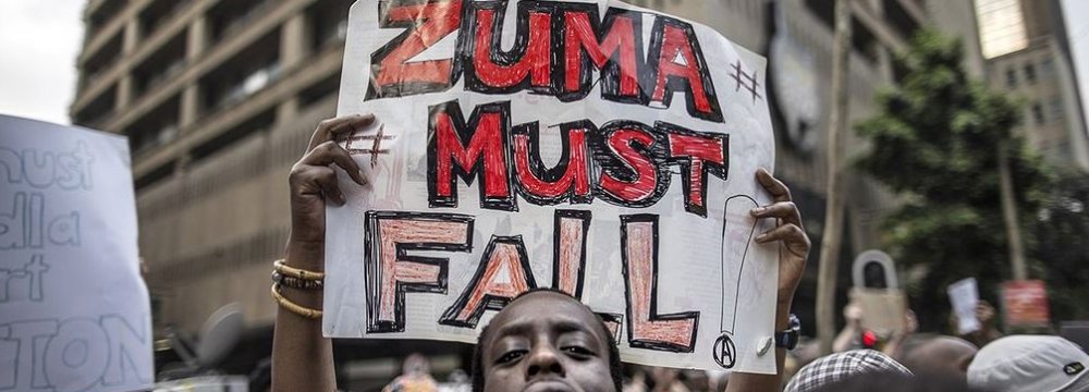 Protesters called on South African President Jacob Zuma to quit in Cape Town on April 7.