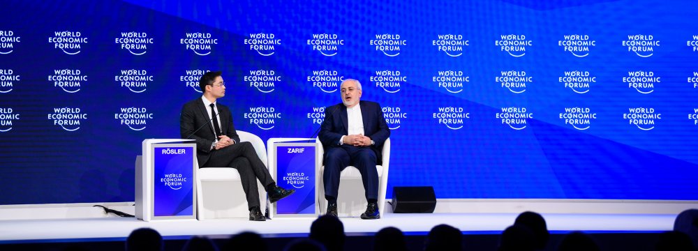 Foreign Minister Mohammad Javad Zarif speaks during a meeting on the second day of the World Economic Forum, on January 18 in Davos.