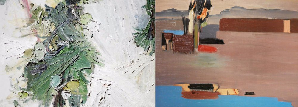 Three top selling Iranian works at Bonhams London Auction Nov. 28: an untitled painting by Sohrab Sepehri (R) and ‘Tomato Plant, Morning’ by Manouchehr Yektai
