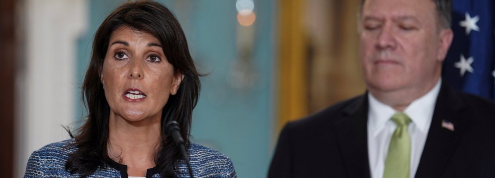 US Ambassador to the United Nations Nikki Haley delivers remarks to the press together with US Secretary of State Mike Pompeo, announcing the withdrawal in Washington on June 19.