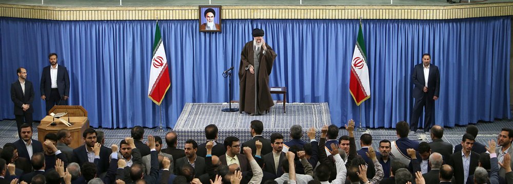 Ayatollah Seyyed Ali Khamenei addresses a gathering of workers in Tehran on April 30. 