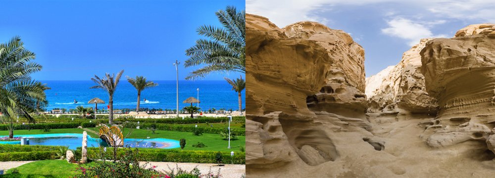a beach in Kish (L) and Qeshm Geopark. Kish might host football teams while Qeshm could become a destination for tourists. 