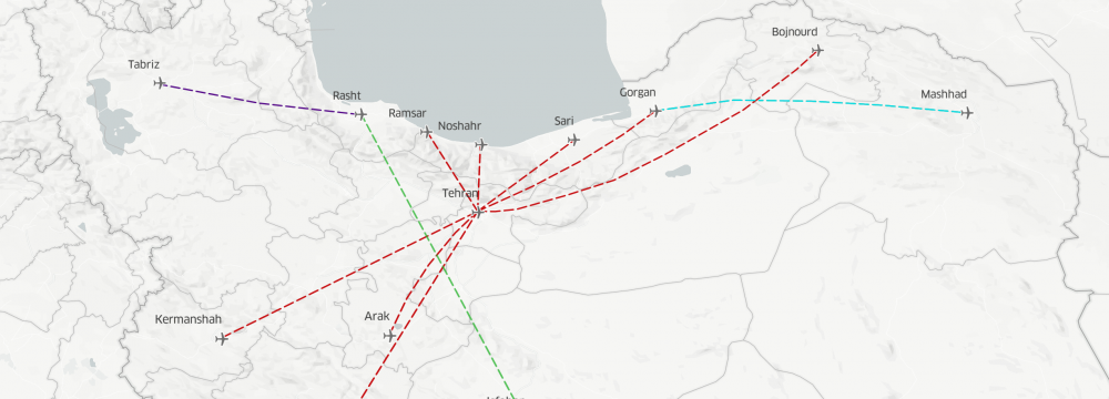 A graphic depiction of Iran Air’s new ATR-operated routes (Design: Sepehr Arefmanesh)