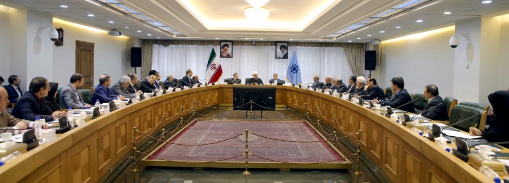 President Hassan Rouhani spoke at the 56th annual meeting of the Central Bank of Iran, which was held after an eight-month delay, with CBI Governor Valiollah Seif and  Minister of Economic Affairs and Finance Ali Tayyebnia in attendance.