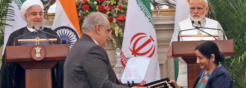 A major deal signed between the two sides on Saturday was a lease agreement for the Shahid Beheshti Port at Chabahar.