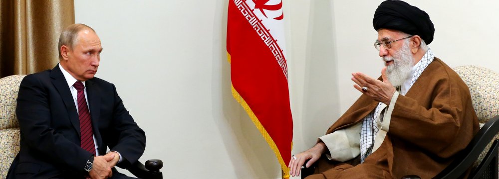 Leader of Islamic Revolution Ayatollah Seyyed Ali Khamenei receives Russian President Vladimir Putin in Tehran on Nov. 1. 
