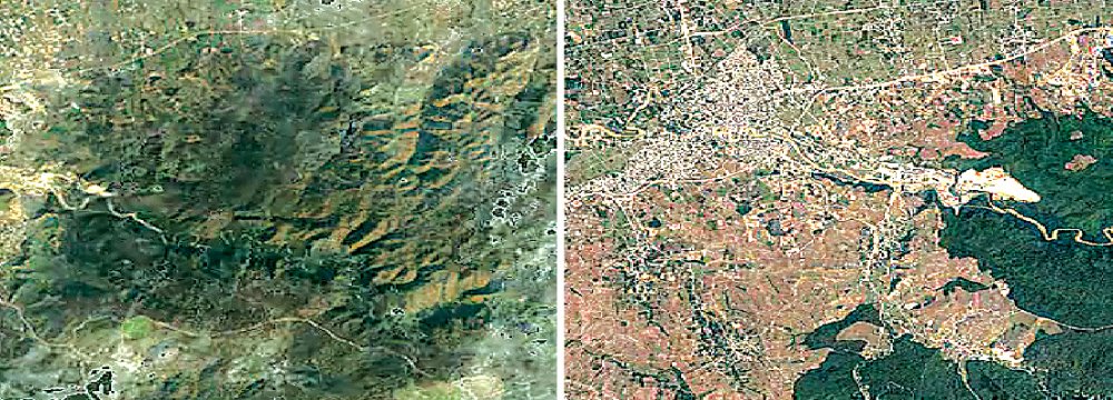 Satellite images derived from Google Earth Engine by Financial Tribune compared the state of forest cover around the cement factory between 1985 and 2016.