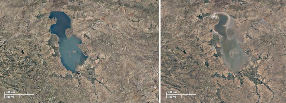 Years of mismanagement have taken a toll on Iran’s water resources, such as Urmia Lake. Pictured above is Urmia Lake in 1984 (L) and 2016. (Photo: Google Earth/Landsat/Sentinel satellite system)